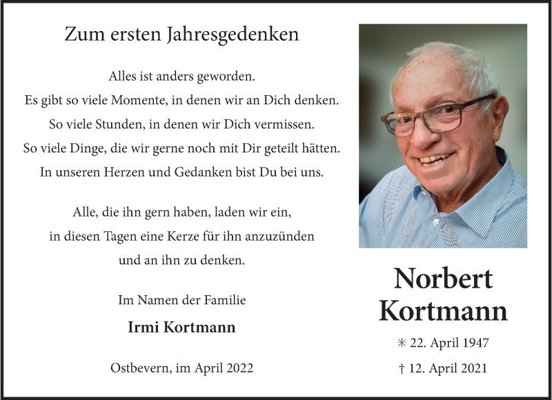  Traueranzeige für Norbert Kortmann vom 09.04.2022 aus 