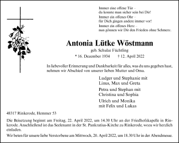 Anzeige von Antonia Lütke Wöstmann 