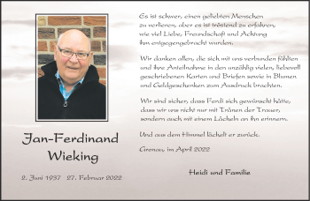 Anzeige von Jan Ferdinand Wieking 