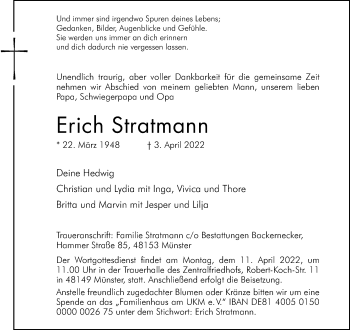 Anzeige von Erich Stratmann 