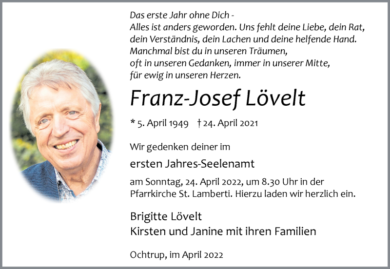  Traueranzeige für Franz-Josef Lövelt vom 20.04.2022 aus 