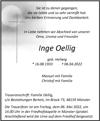 Anzeige von Inge Oellig 
