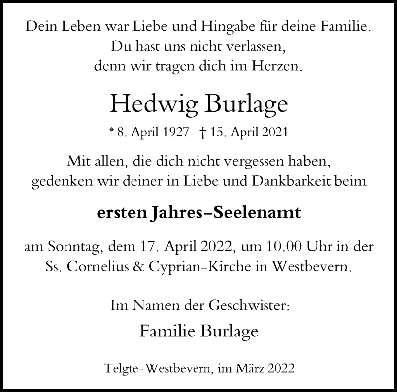  Traueranzeige für Hedwig Burlage vom 09.04.2022 aus 