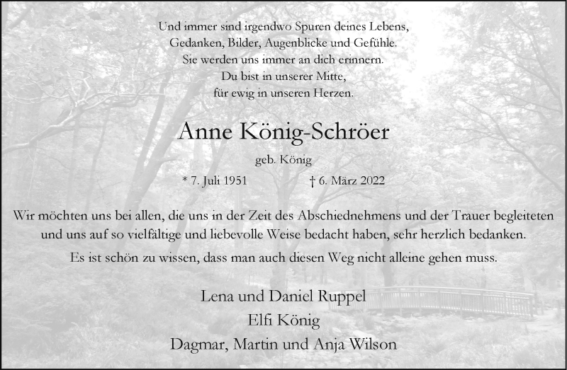  Traueranzeige für Anne König-Schröer vom 09.04.2022 aus 