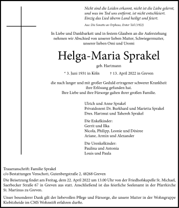 Anzeige von Helga-Maria Sprakel 