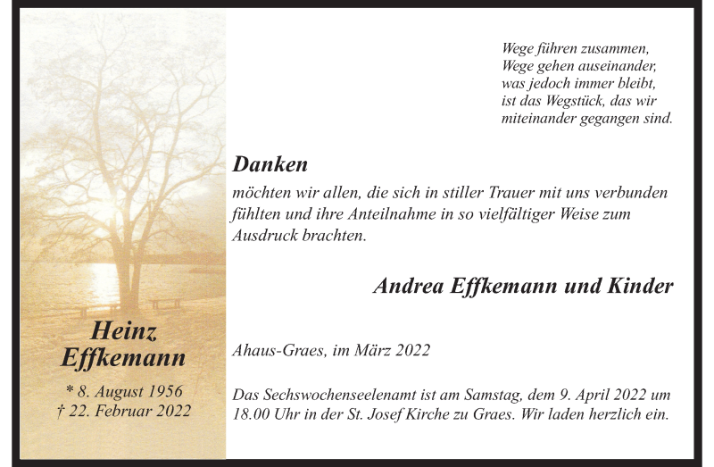  Traueranzeige für Heinz Effkemann vom 05.04.2022 aus 