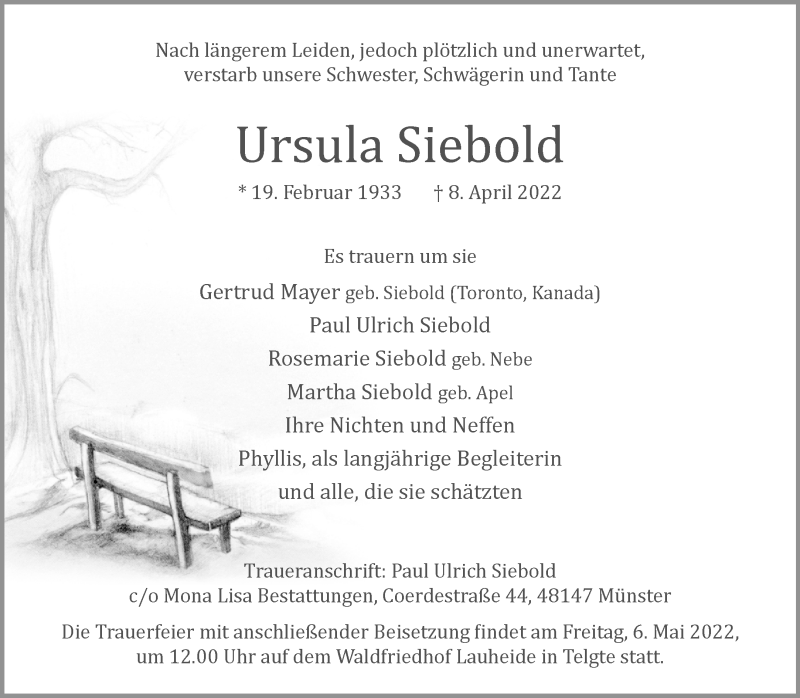  Traueranzeige für Ursula Siebold vom 23.04.2022 aus 