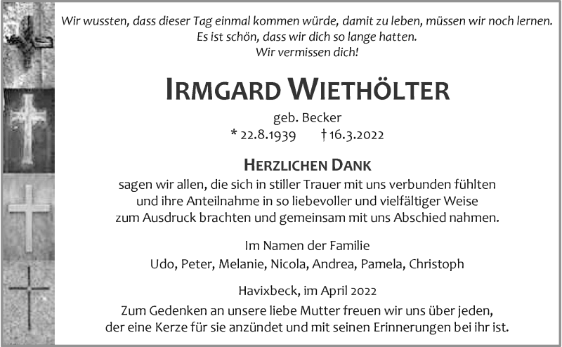  Traueranzeige für Irmgard Wiethölter vom 30.04.2022 aus 