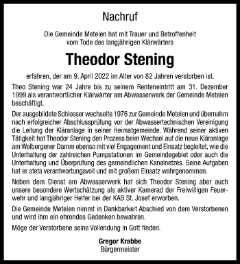 Anzeige von Theodor Stening 