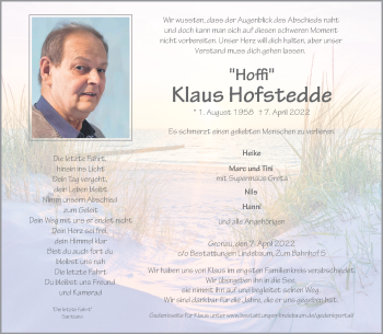 Anzeige von Klaus Hofstedde 
