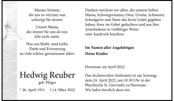 Anzeige von Hedwig Reuber 