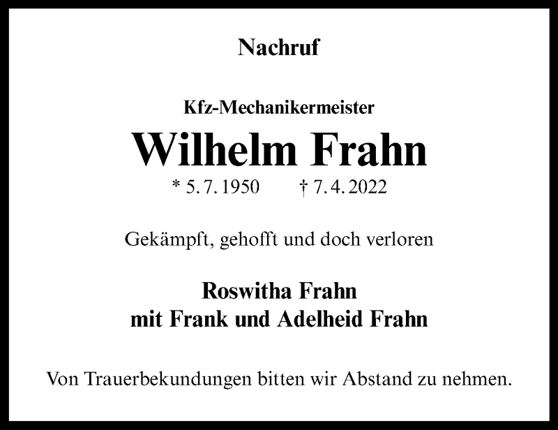  Traueranzeige für Wilhelm Frahn vom 22.04.2022 aus 