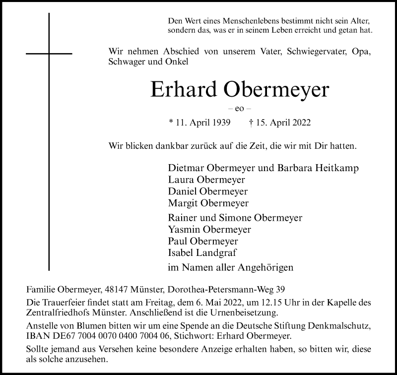  Traueranzeige für Erhard Obermeyer vom 23.04.2022 aus 