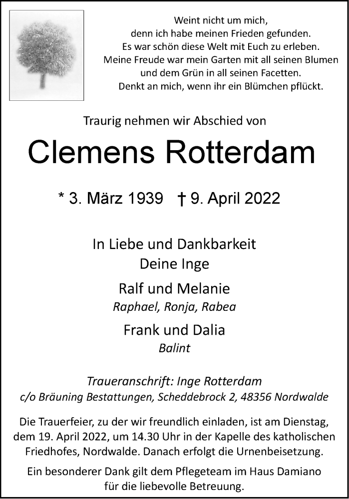  Traueranzeige für Clemens Rotterdam vom 14.04.2022 aus 