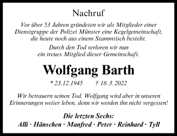 Anzeige von Wolfgang Barth 
