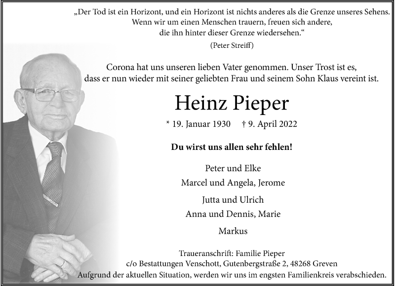  Traueranzeige für Heinz Pieper vom 13.04.2022 aus 