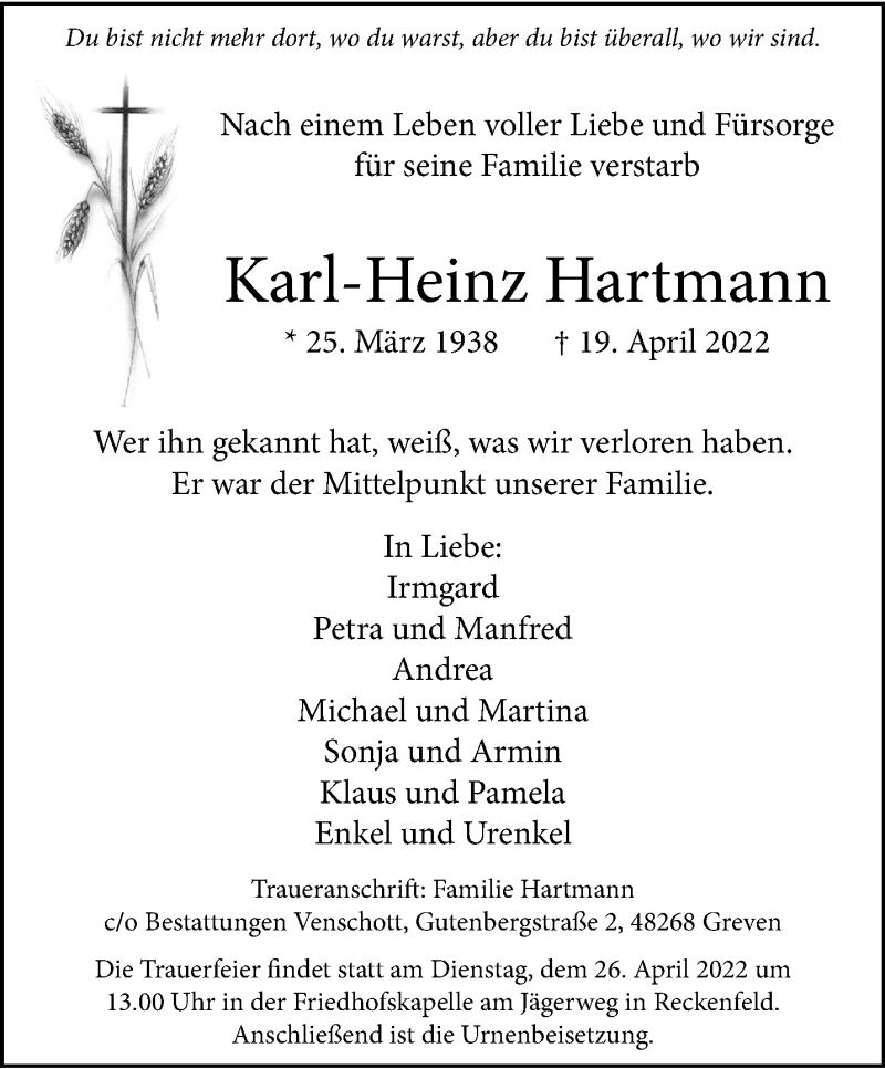  Traueranzeige für Karl-Heinz Hartmann vom 23.04.2022 aus 