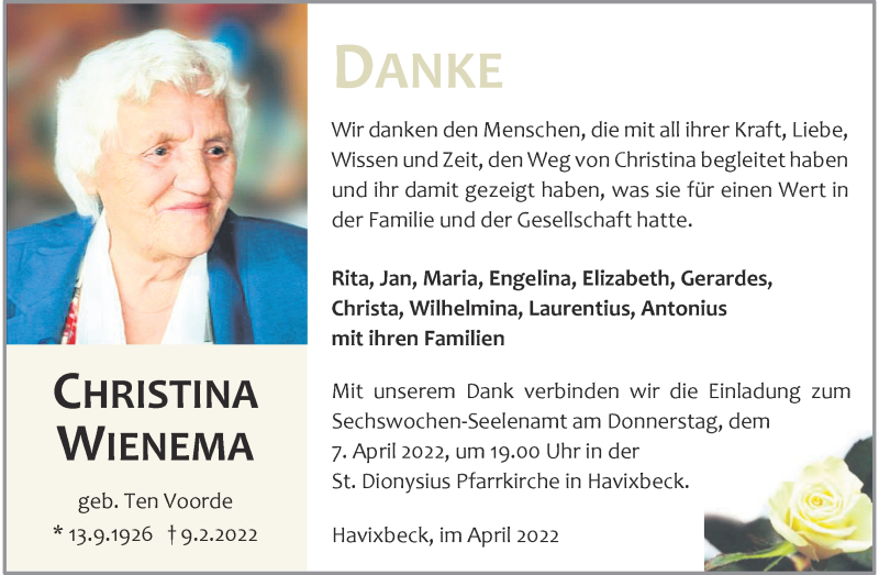  Traueranzeige für Christina Wienema vom 02.04.2022 aus 