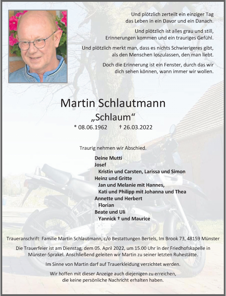  Traueranzeige für Martin Schlautmann vom 02.04.2022 aus 