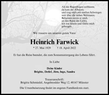 Anzeige von Heinrich Farwick 