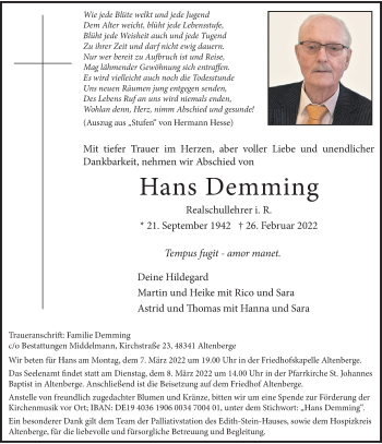 Anzeige von Hans Demming 