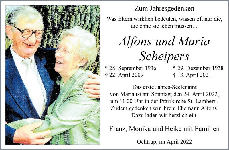  Traueranzeige für Alfons Scheipers vom 20.04.2022 aus 