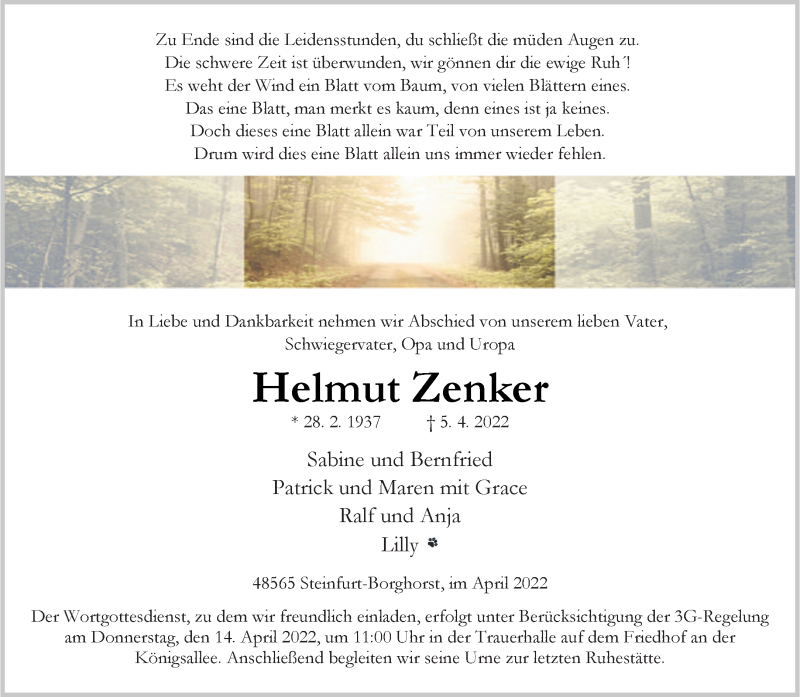  Traueranzeige für Helmut Zenker vom 09.04.2022 aus 