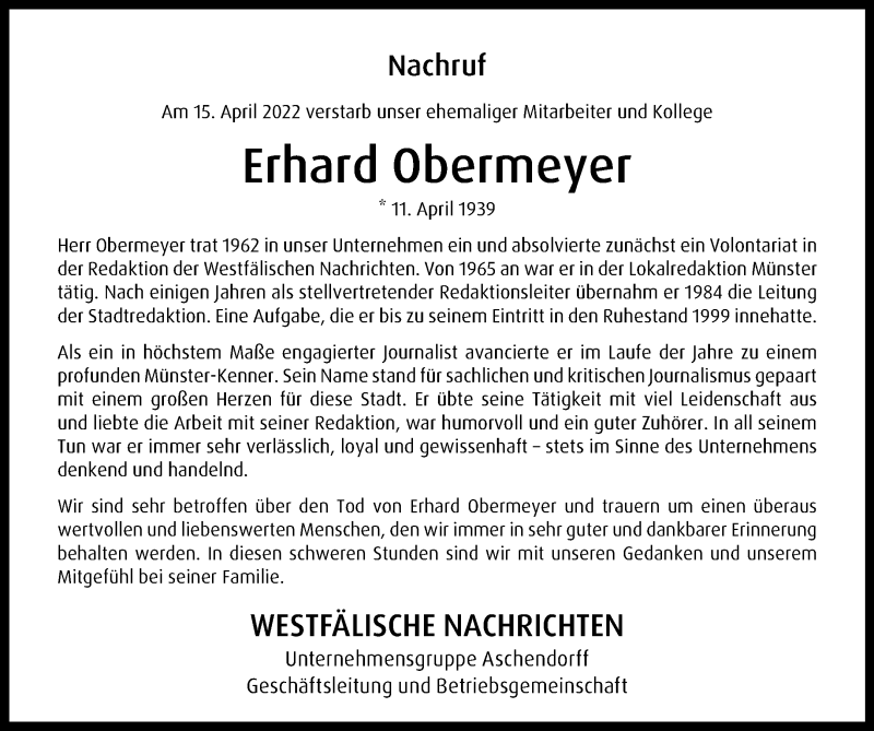  Traueranzeige für Erhard Obermeyer vom 27.04.2022 aus 