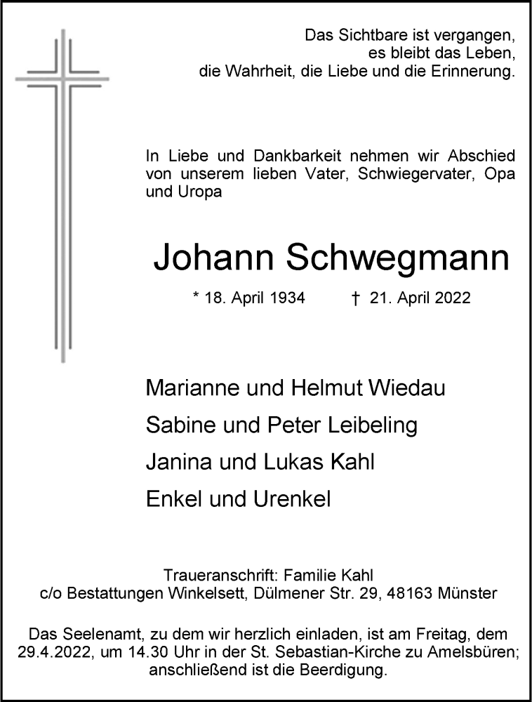 Traueranzeige für Johann Schwegmann vom 23.04.2022 aus 