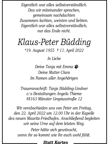 Anzeige von Klaus-Peter Büdding 