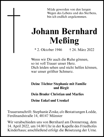 Anzeige von Johann Bernhard Meßing 