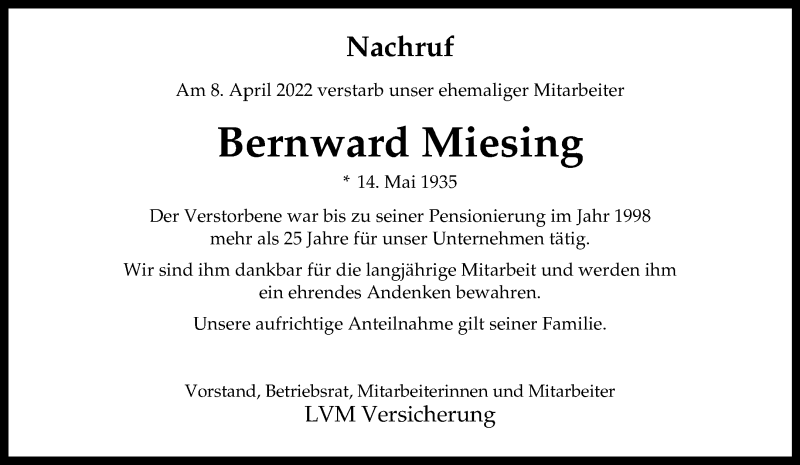  Traueranzeige für Bernward Miesing vom 23.04.2022 aus 