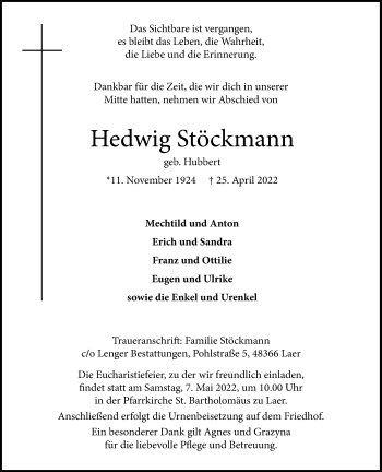Anzeige von Hedwig und Erich Stöckmann 