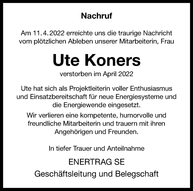  Traueranzeige für Ute Koners vom 20.04.2022 aus 