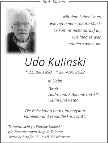 Anzeige von Udo Kulinski 