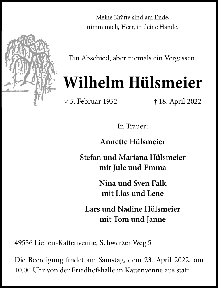 Traueranzeige für Wilhelm Hülsmeier vom 20.04.2022 aus 