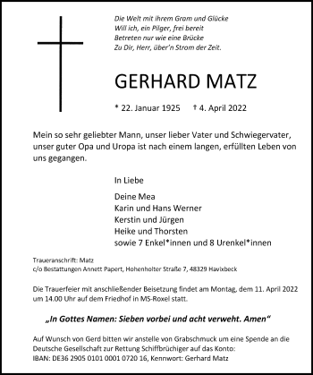 Anzeige von Gerhard Matz 