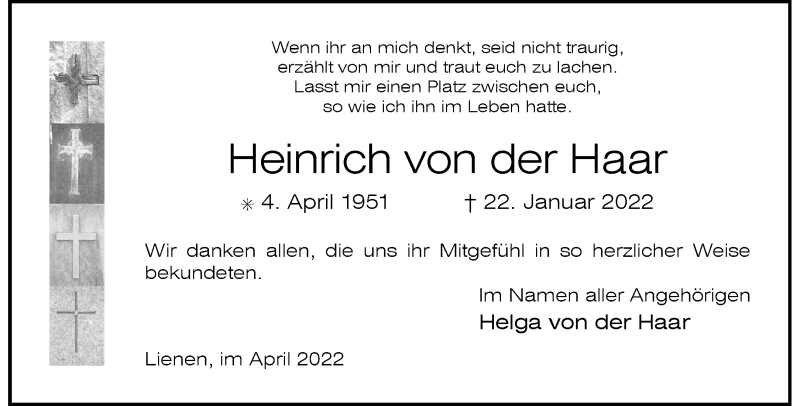  Traueranzeige für Heinrich von der Haar vom 09.04.2022 aus 