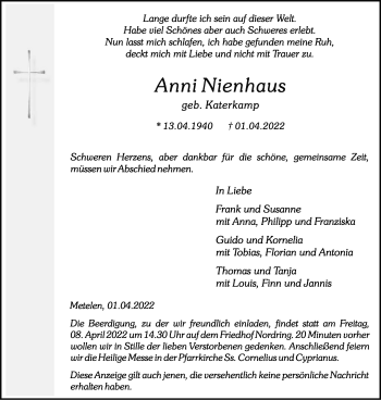Anzeige von Anni Nienhaus 