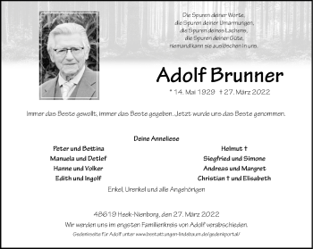 Anzeige von Adolf Brunner 