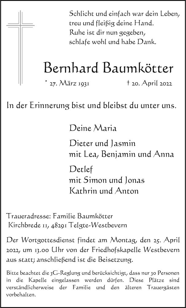  Traueranzeige für Bernhard Baumkötter vom 23.04.2022 aus 