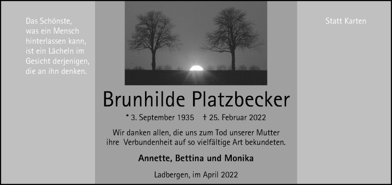  Traueranzeige für Brunhilde Platzbecker vom 09.04.2022 aus 