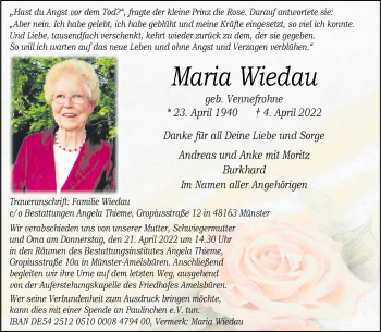 Anzeige von Maria Wiedau 