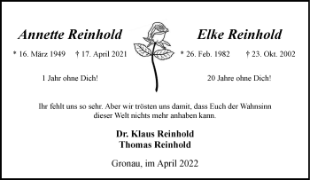 Anzeige von Elke Reinhold 