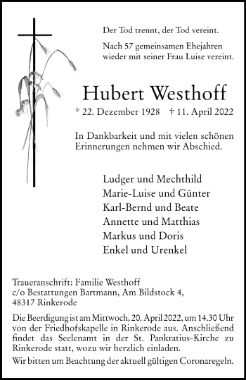 Anzeige von Hubert Westhoff 