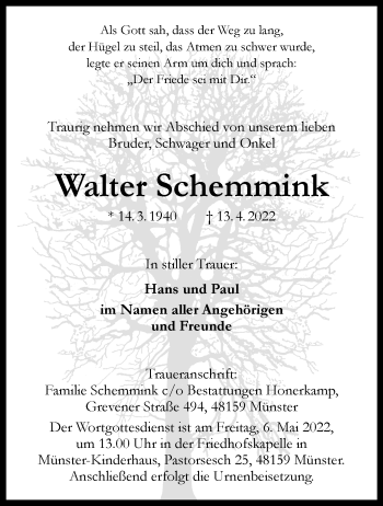 Anzeige von Walter Schemmink 