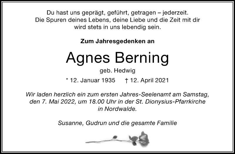  Traueranzeige für Agnes Berning vom 30.04.2022 aus 