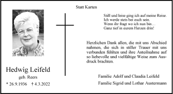 Anzeige von Hedwig Leifeld 
