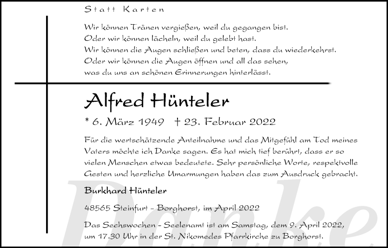  Traueranzeige für Alfred Hünteler vom 02.04.2022 aus 