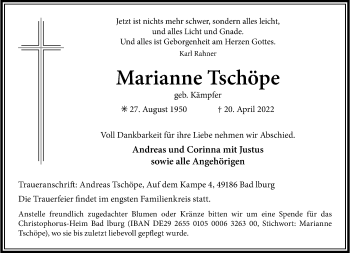 Anzeige von Marianne Tschöpe 
